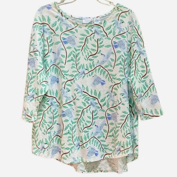 Cynthia Rowley Bird Print 3/4 Sleeve Top in White/Green/Blue Women’s 2X - Picture 1 of 5